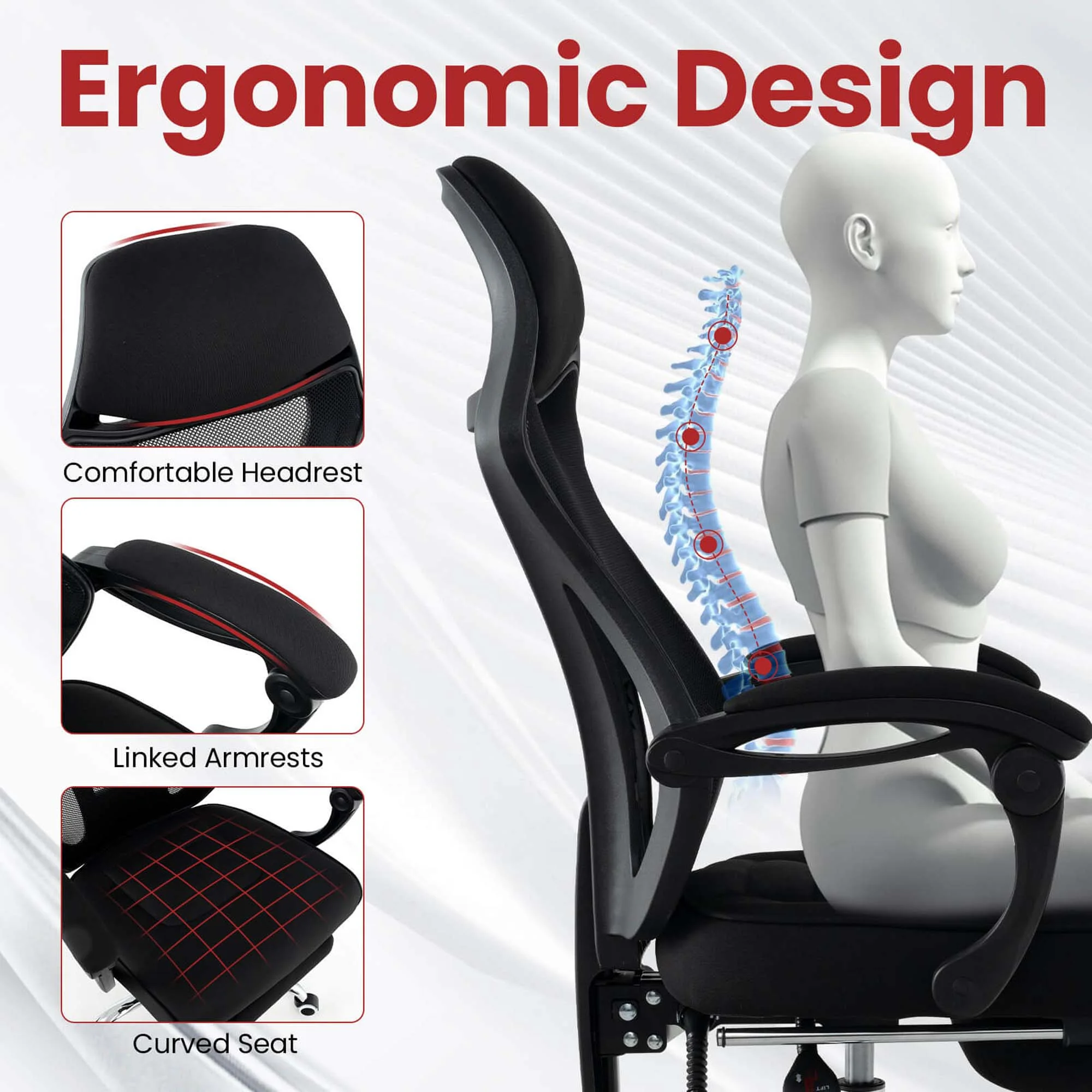 Costway Ergonomic Mesh Office Chair with Footrest Height-Adjustable & Tilting Backrest