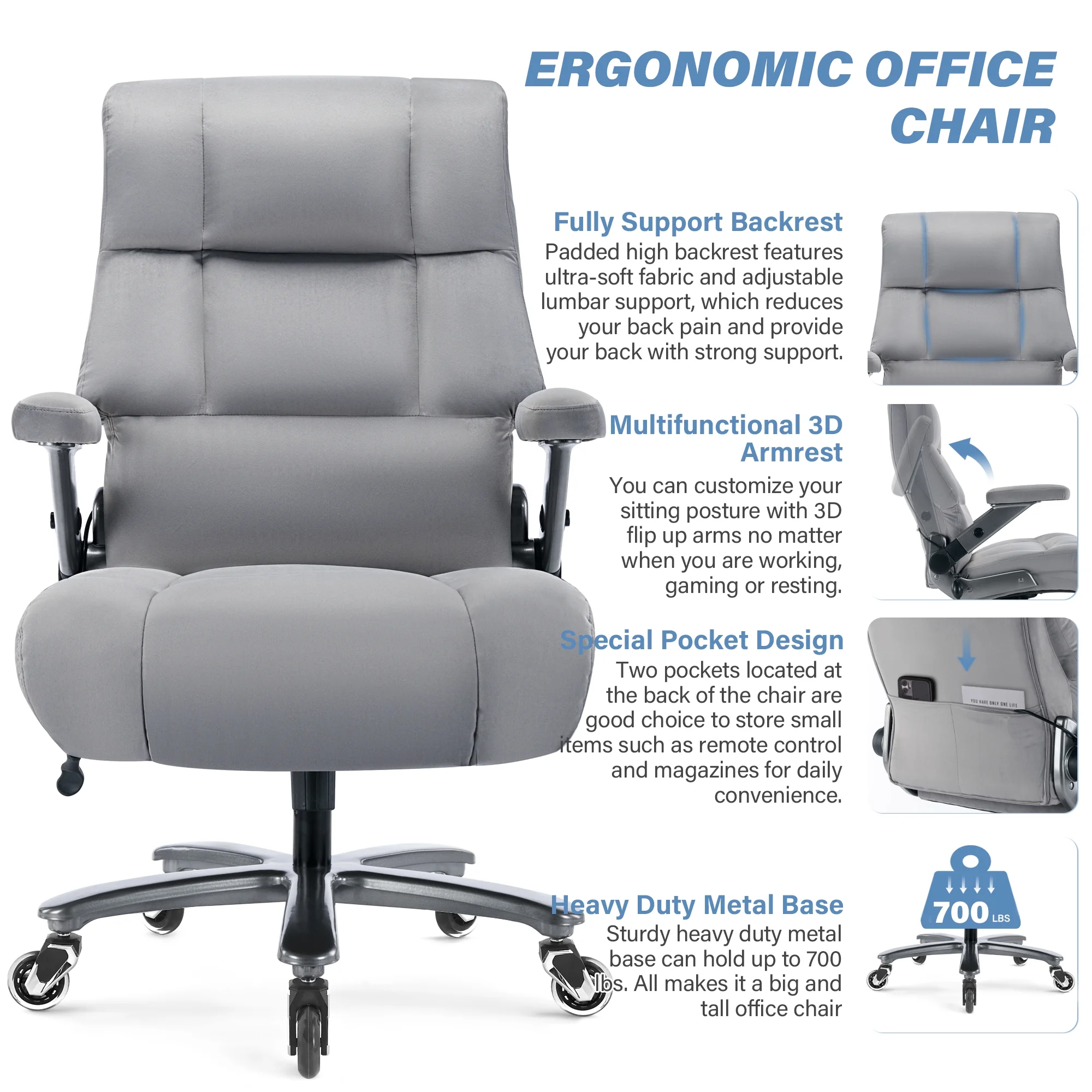 Big and Tall 700lbs Office Chair, Ultra-Soft Fabric Executive Desk Chair, Ergonomic Computer Chair with 3D Flip Up Arms, Adjustable Lumbar Support, Heavy Duty Metal Base and Quiet Rubber Wheel, Black