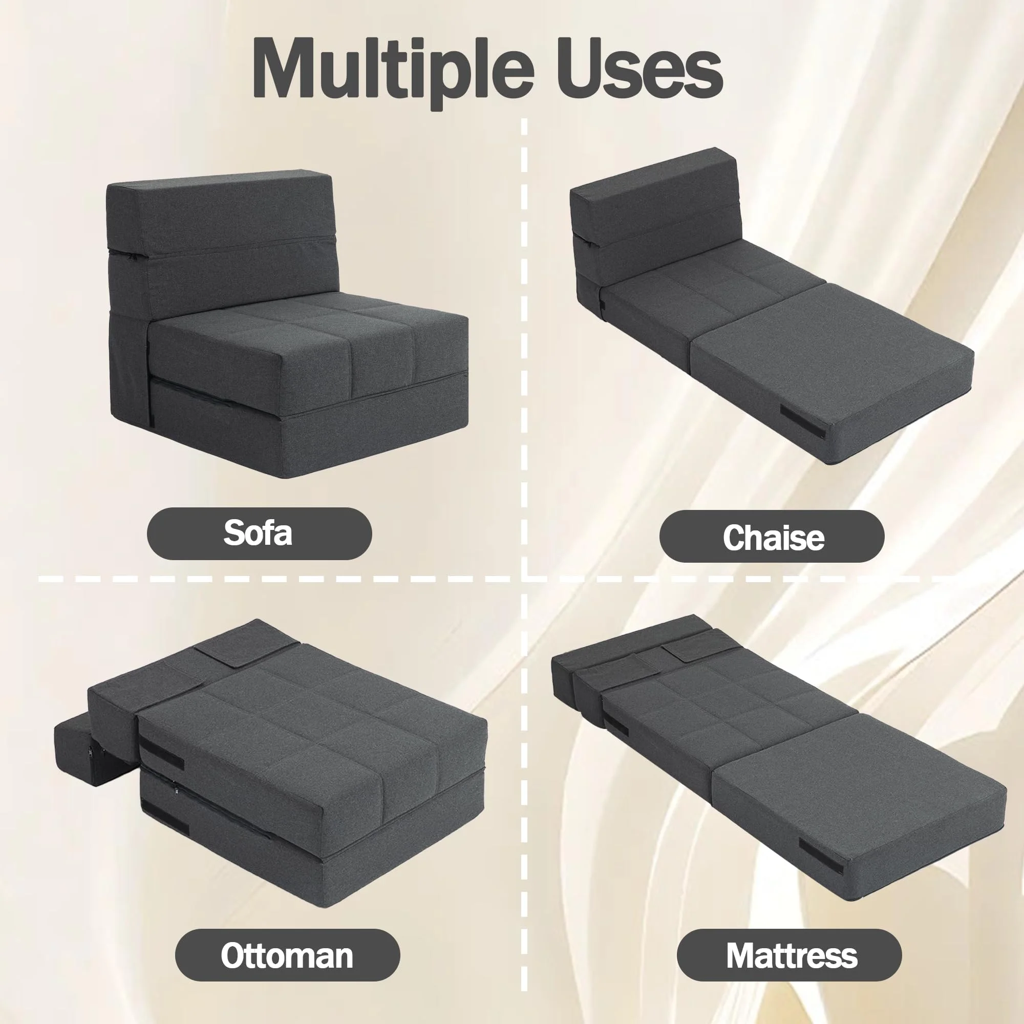 Folding Sofa Bed, 7 inch Memory Foam Floor Couch, Convertible Sleeper Foldable Mattress Futon Sofa for Living Room/Home Office/Guest Beds/Apartment/Upstairs Loft, Dark Gray, Single