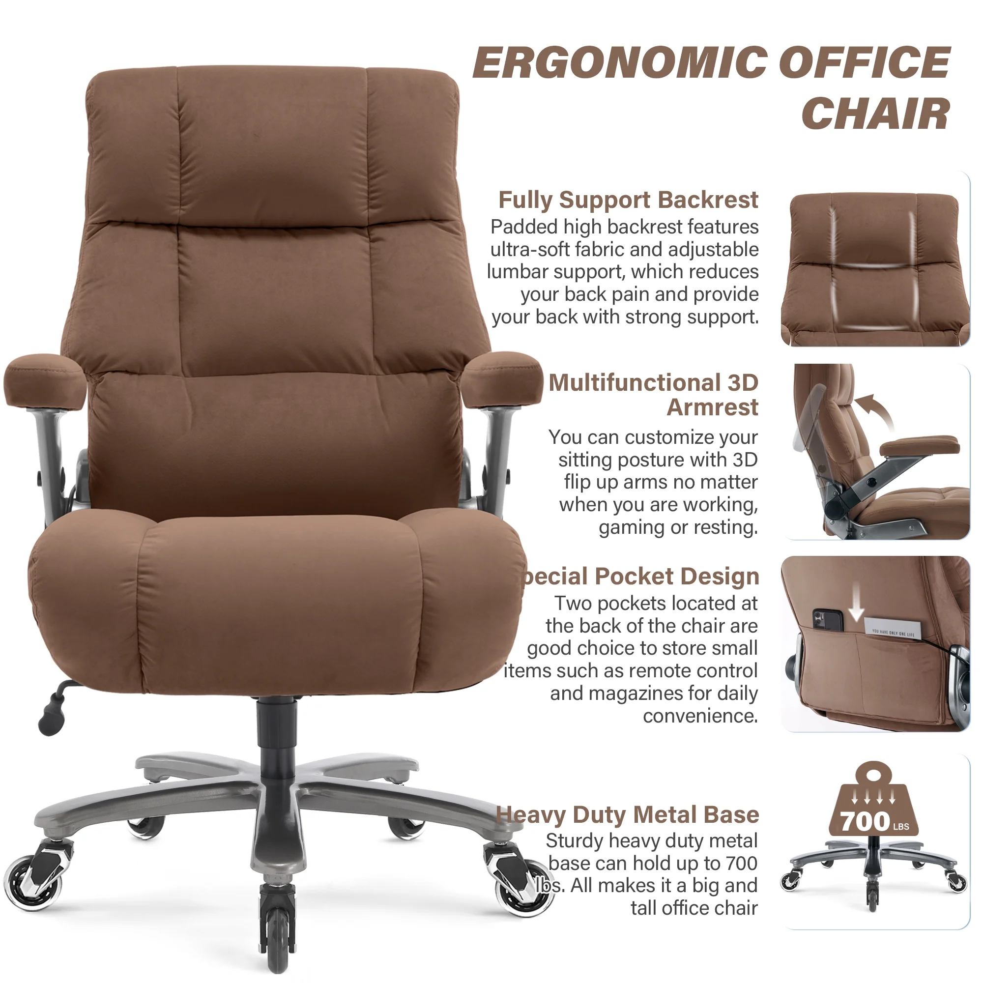 Big and Tall 700lbs Office Chair, Ultra-Soft Fabric Executive Desk Chair, Ergonomic Computer Chair with 3D Flip Up Arms, Adjustable Lumbar Support, Heavy Duty Metal Base and Quiet Rubber Wheel, Black