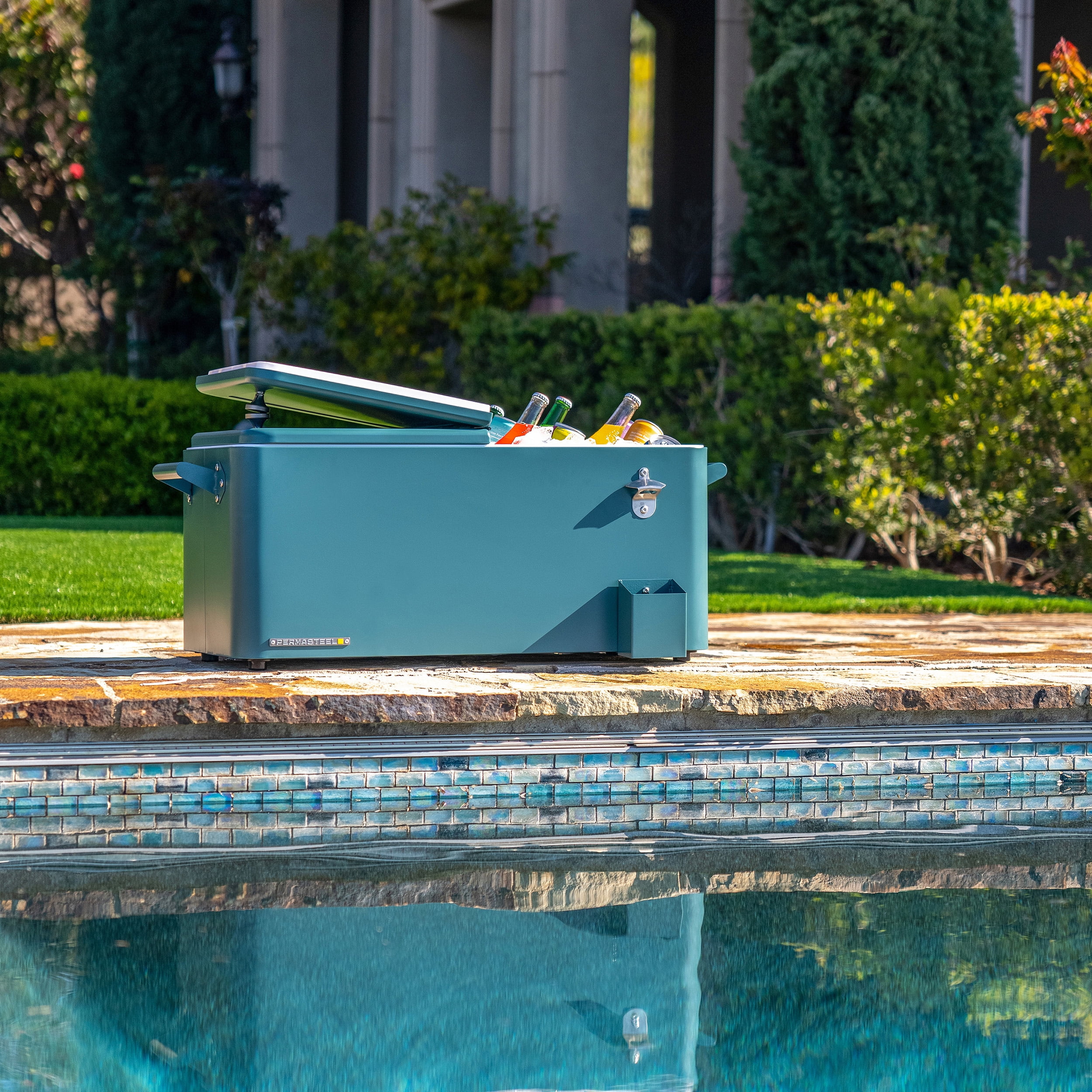 Permasteel 80-Qt Outdoor Steel Patio Cooler with Removable Basin, Rolling Cooler with Wheels, Teal Green