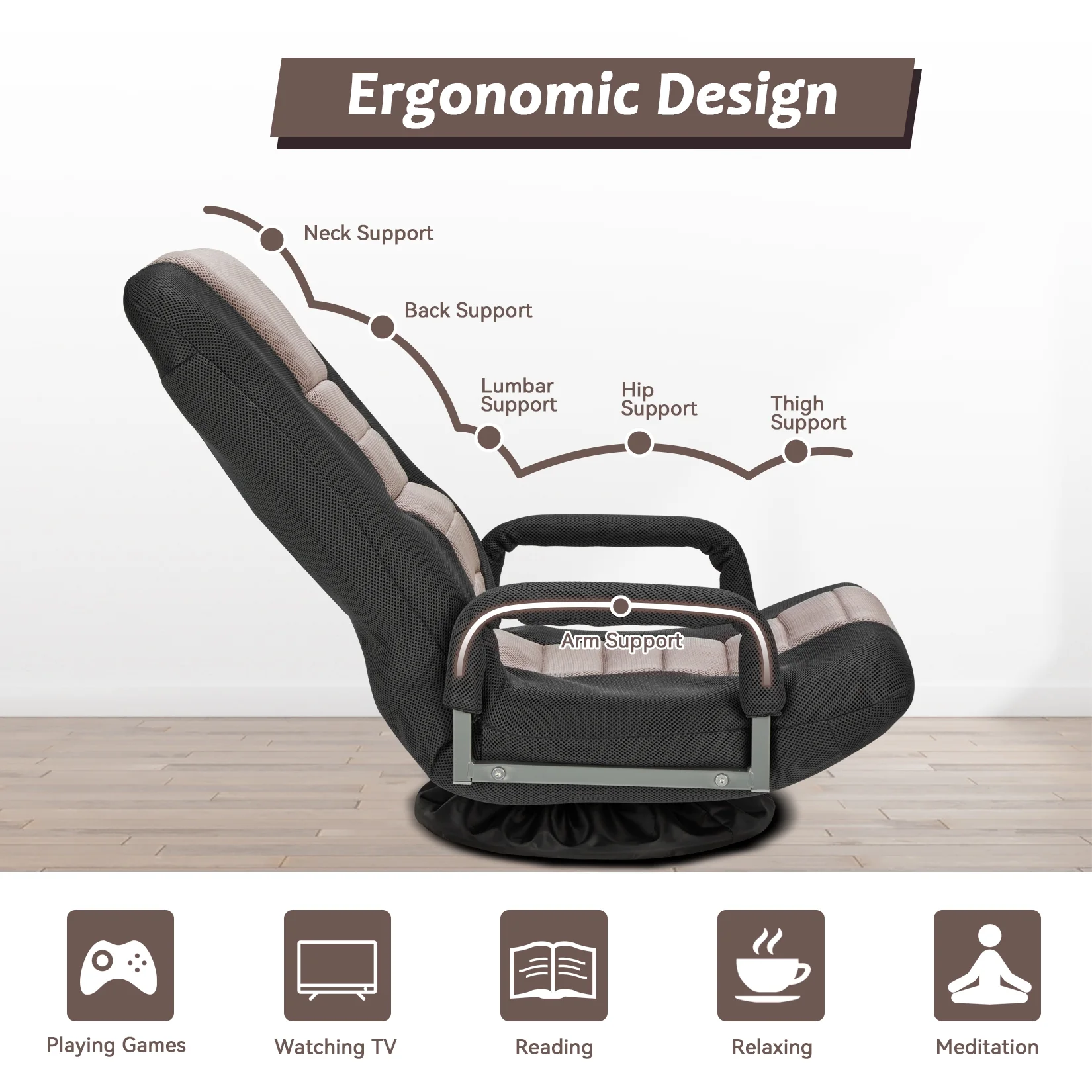 Avocahom Swivel Gaming Floor Chair w/ Armrest Handles, No Assembly gaming chair rocker, Folding Reclining Sofa w/6 Position Adjustable Backrest for Video Games, Watching TV, Reading,Blue