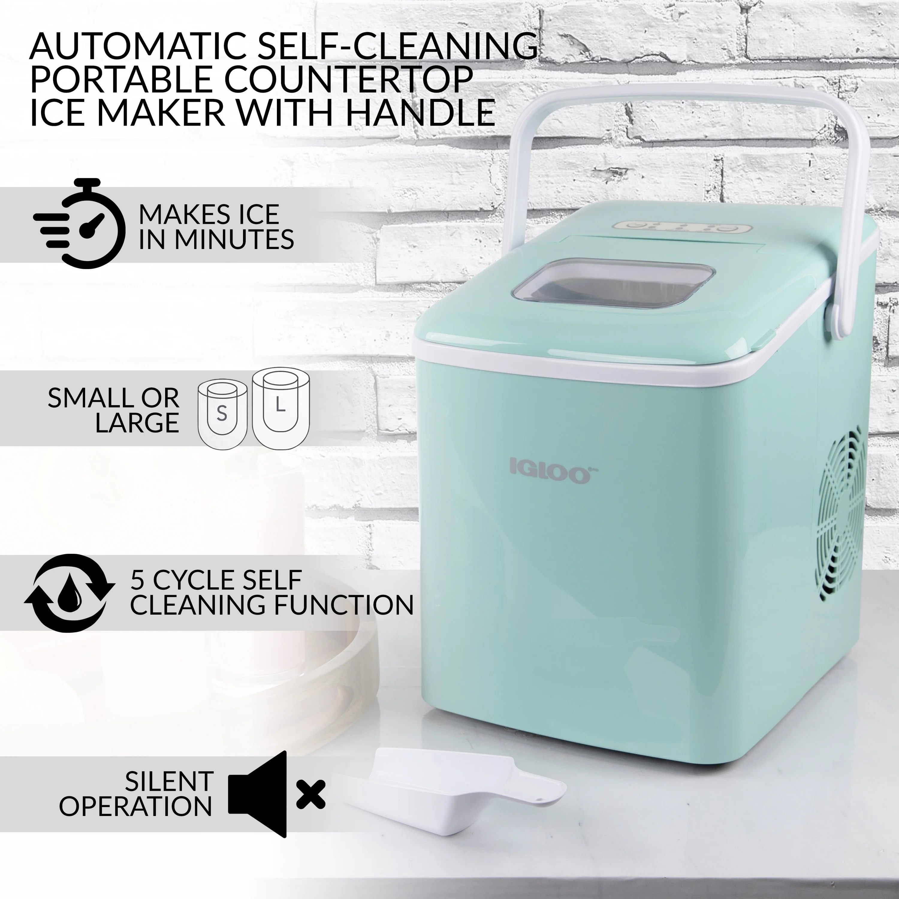 Igloo Handled Automatic Ice Machine Self Cleaning Countertop Ice Maker with Scoop, Aqua