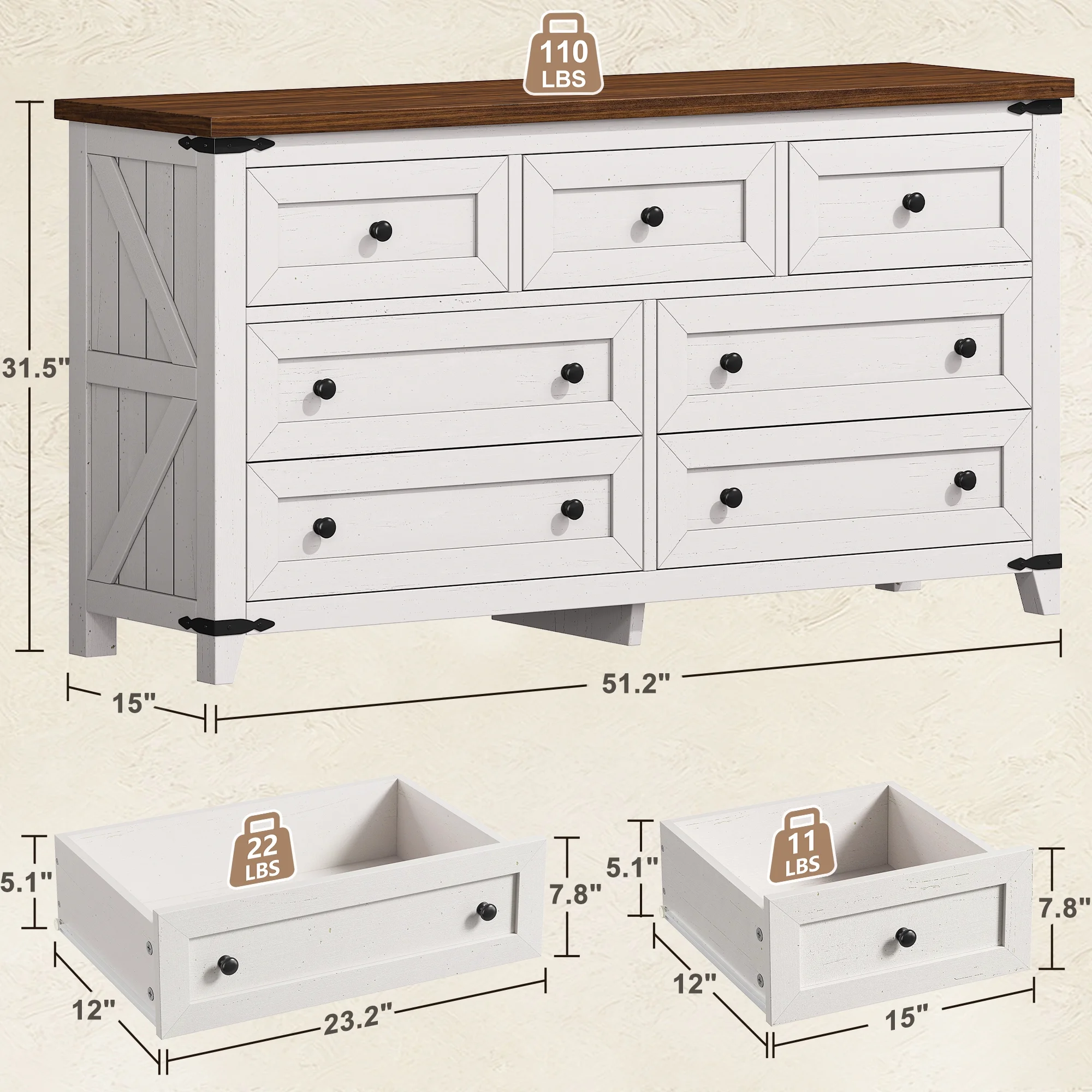 EnHomee White Dresser for Bedroom Vintage Wood Dresser with 7 Deep Drawers & Easy Pull Out Handles Chest of Drawers for Bedroom Storage Cabinet