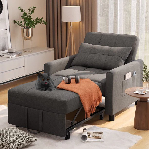 Lofka Chair Bed, Convertible Sofa Bed 3 in 1 Single Sleeper Bed for Bedroom & Living Room, Metal Frame, Dark Gray
