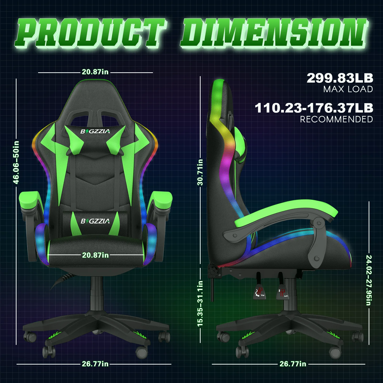 Bigzzia Gaming Chair with LED Lights Ergonomic Office Chair for Adults and Kids - Adjustable Height, 360�� Swivel, Headrest Support, Mesh PU Leather, Black & Green