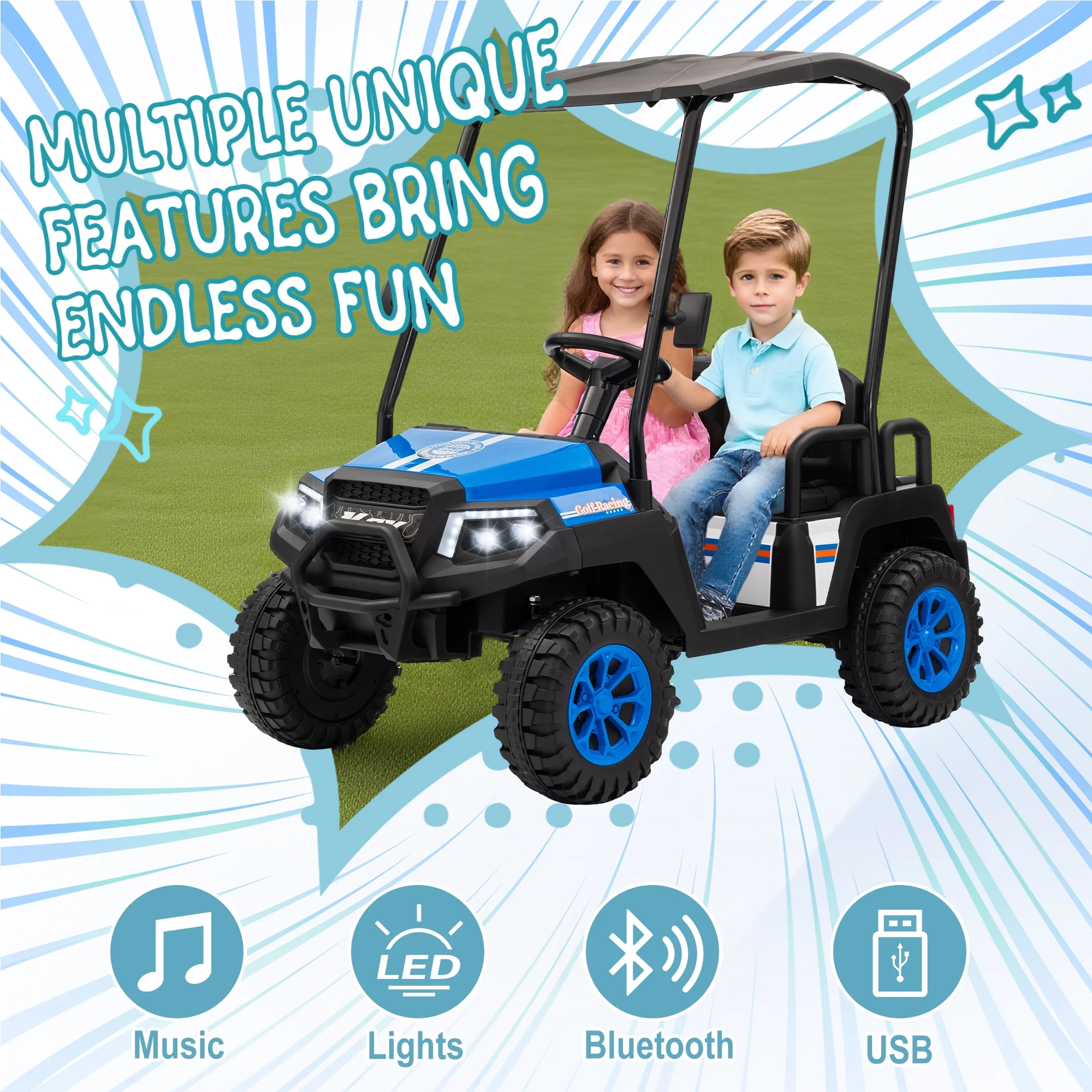 24V XL Kids Ride on Golf Cart, Electric Car w/Remote Control, Detachable Awning, 4 Seats, 3 Speeds, LED Lights, Spring Suspension, Bluetooth, Audio, Blue