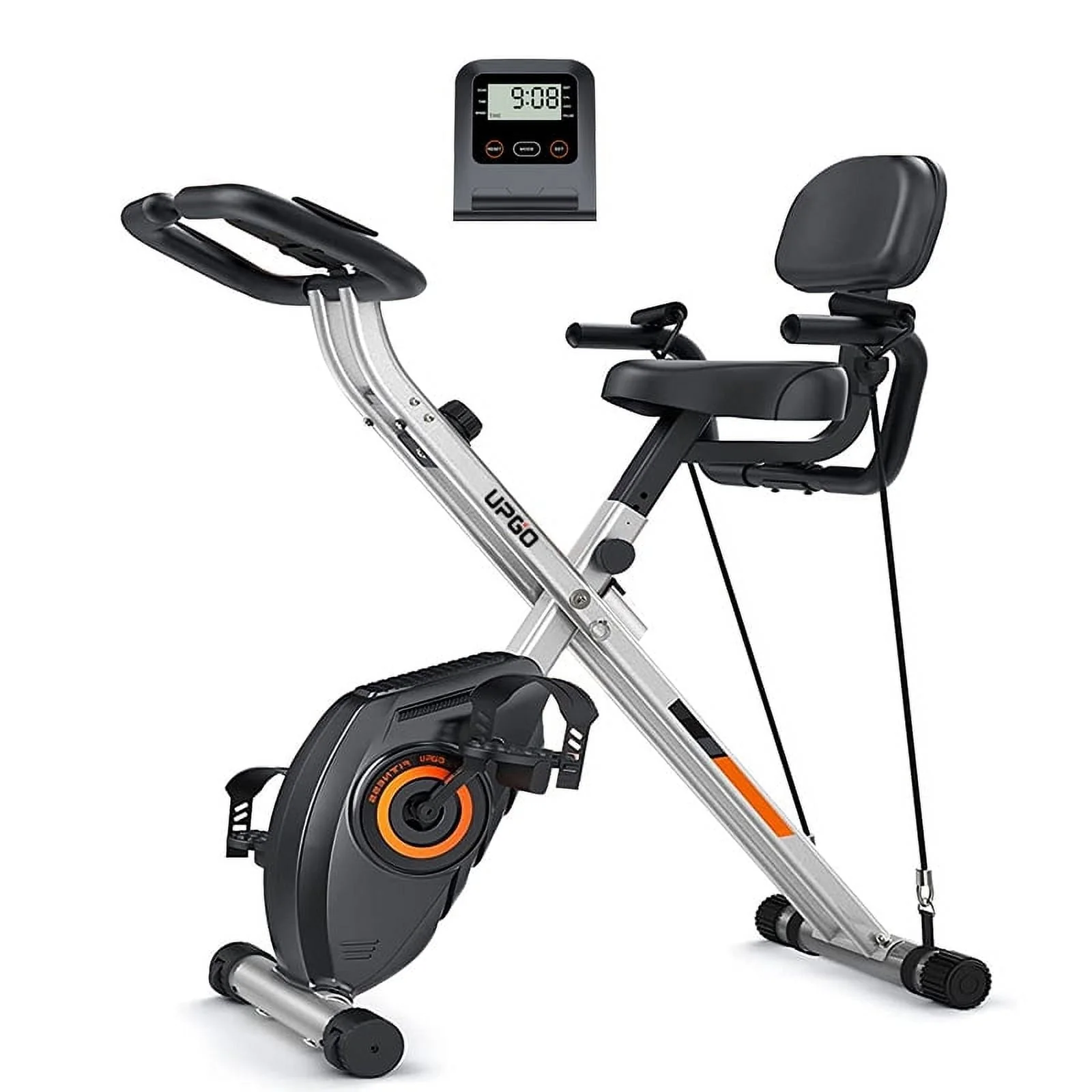 UPGO Folding Exercise Bike - 4 in 1 Upright Indoor Cycling Bike with 350lbs Capacity Foldable Stationary Bike  with Large Comfortable Seat Cushion and Arm Resistance Band, Pulse Sensor
