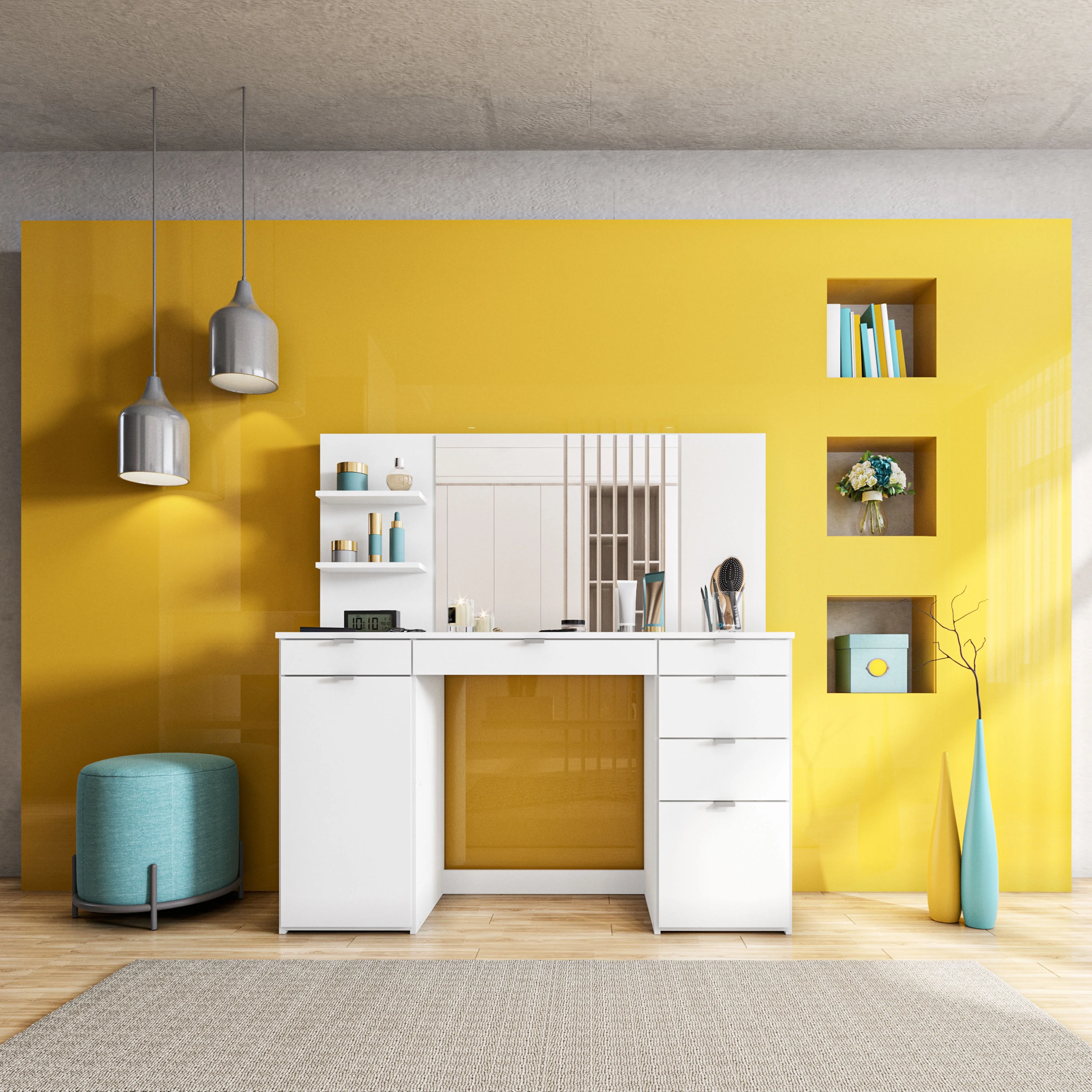 Polifurniture Amelia Modern Makeup Vanity Table with Mirror, White Finish