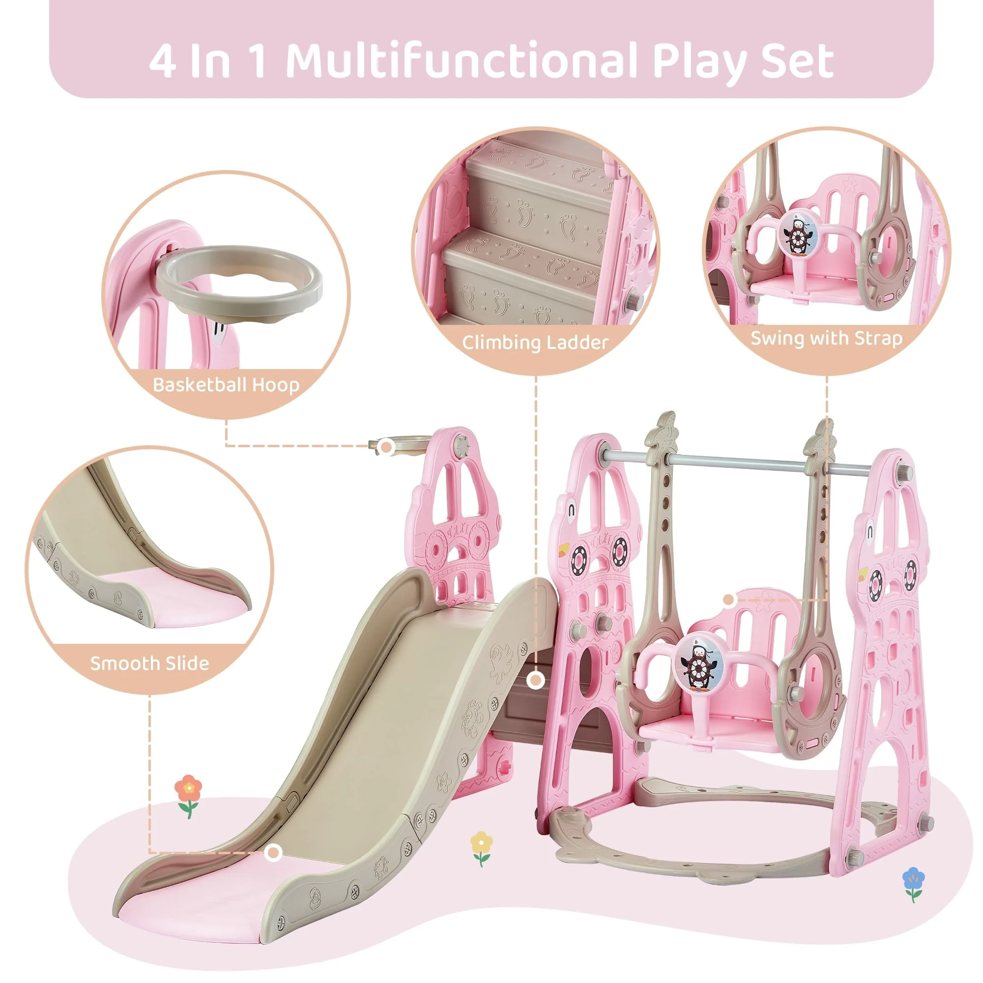 DUKE BABY 4-in-1 Kids Swing and Slide Set for Toddler Age 1-6, Extra Large Baby Indoor Outdoor Activity Playground with Basketball Hoop and Climber – Pink
