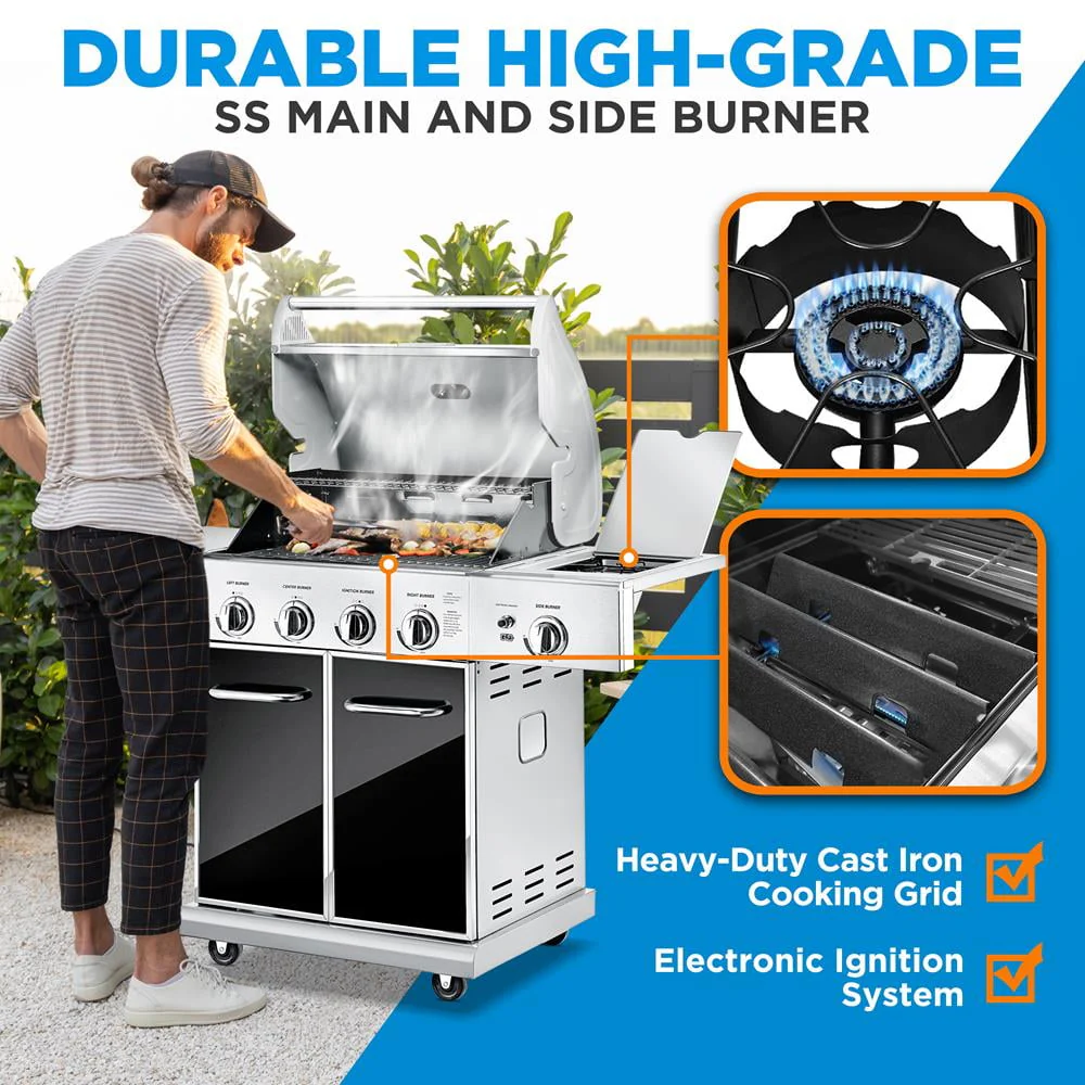 Heavy-Duty 5-Burner Propane Gas Grill - Stainless Steel Grill, 4 Main Burner with 1 side burner, 52,000 BTU Grilling Capacity, Electronic Ignition System, Built-in Thermometer - NutriChef NCGRIL2