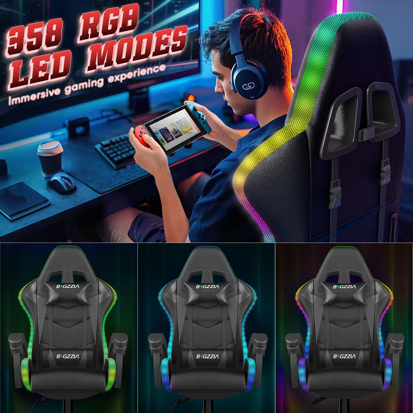 Bigzzia Gaming Chair with LED Lights Ergonomic Office Chair for Adults and Kids - Adjustable Height, 360�� Swivel, Headrest Support, Mesh PU Leather, Black & Green