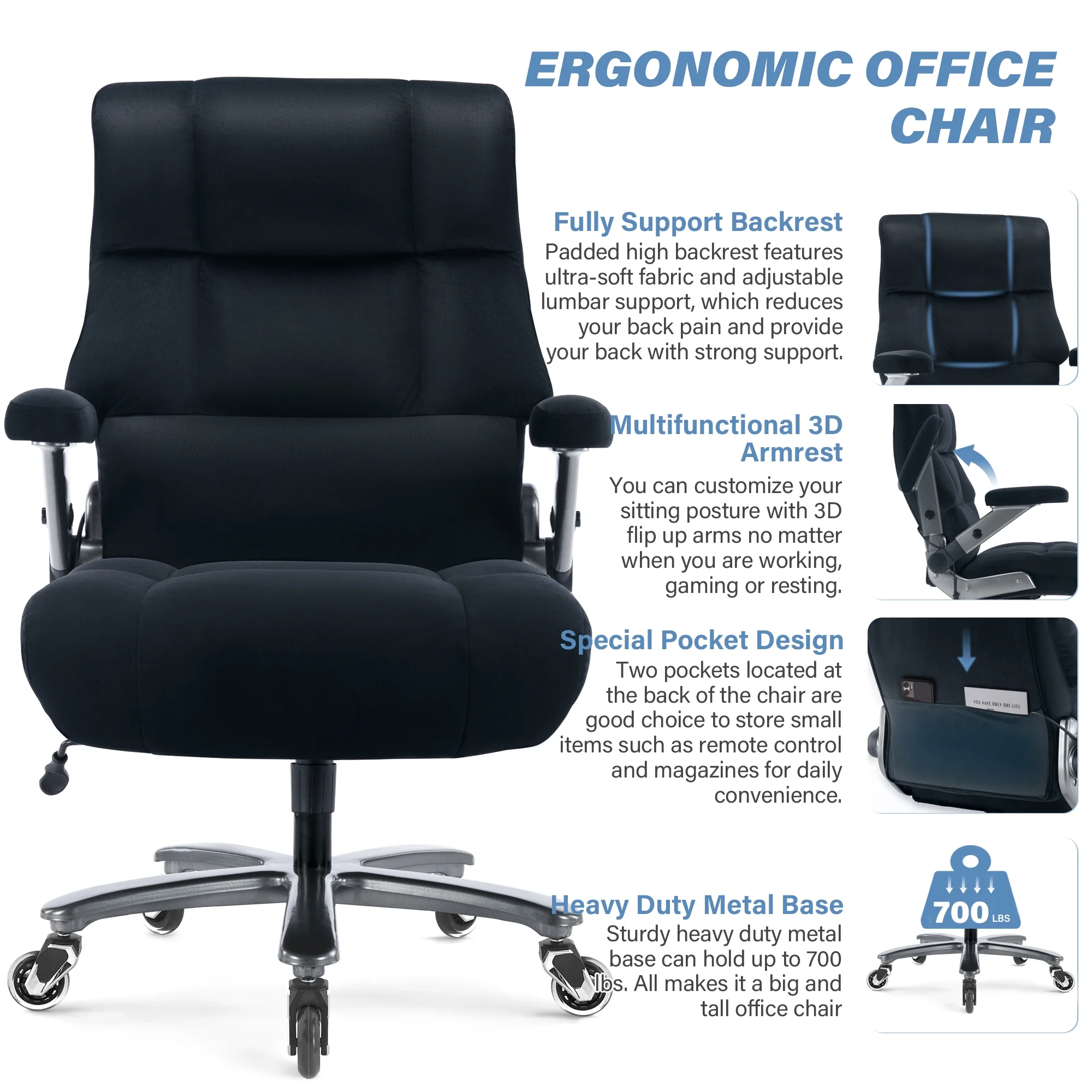 Big and Tall 700lbs Office Chair, Ultra-Soft Fabric Executive Desk Chair, Ergonomic Computer Chair with 3D Flip Up Arms, Adjustable Lumbar Support, Heavy Duty Metal Base and Quiet Rubber Wheel, Black