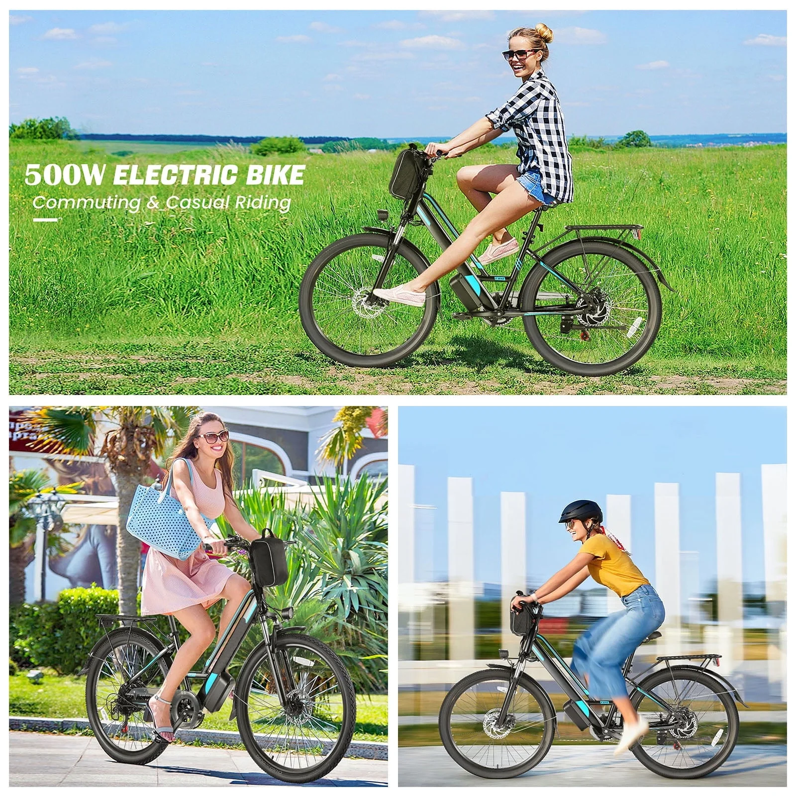 Gocio 500W 26'' Electric Bike 48V Electric Bicycle for Adults, 19MPH Cruiser Ebike, Electric Commuter Bike with Carrier Rack, Low Step Frame Shimano 7 Speed for Men Women Senior