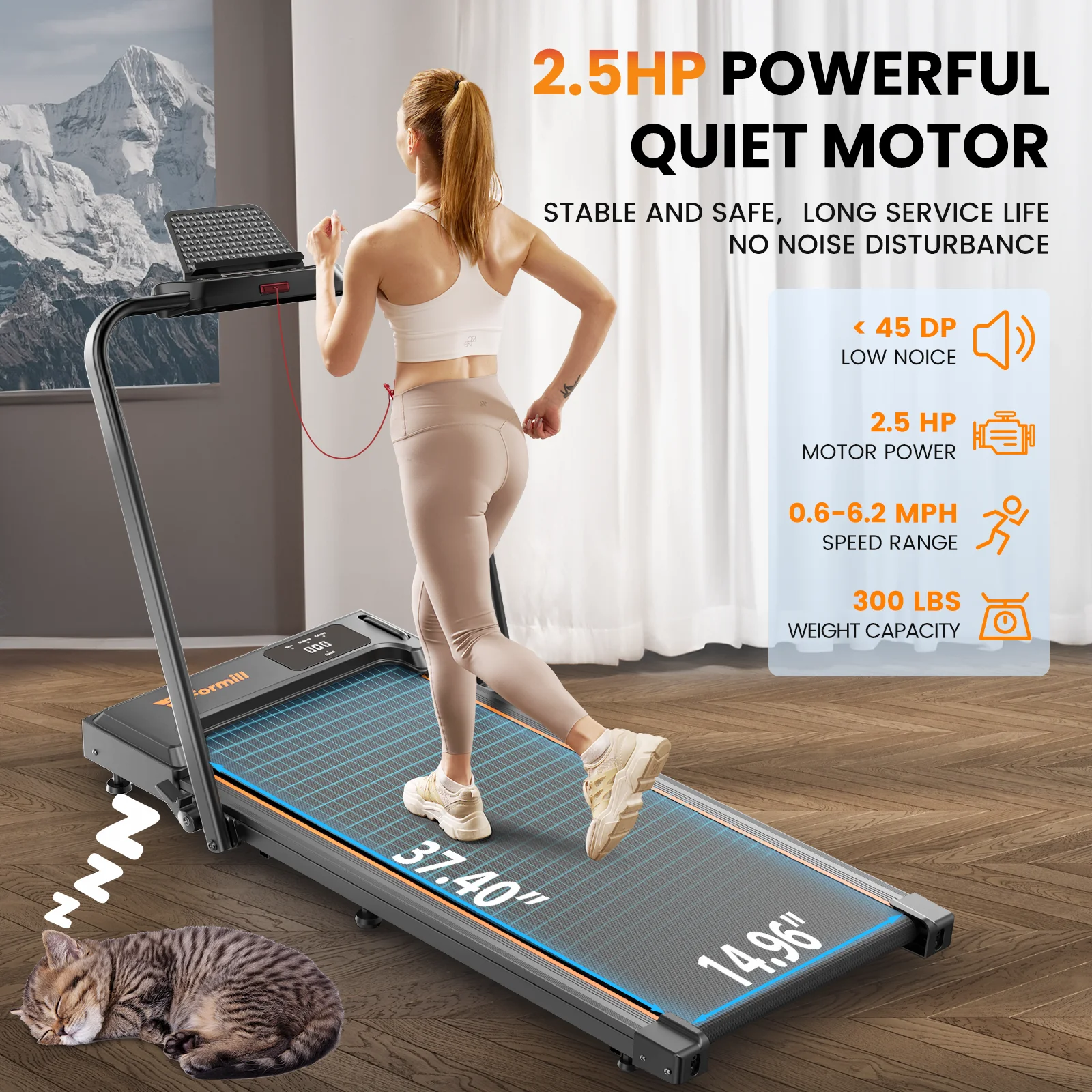 Treadmill 2 in 1 for Home/Office,Patbrela 300 Lbs Walking Pad Treadmill with HandleBar,Under Desk Treadmill with Mat, Touch Control,LED Display & Remote Control