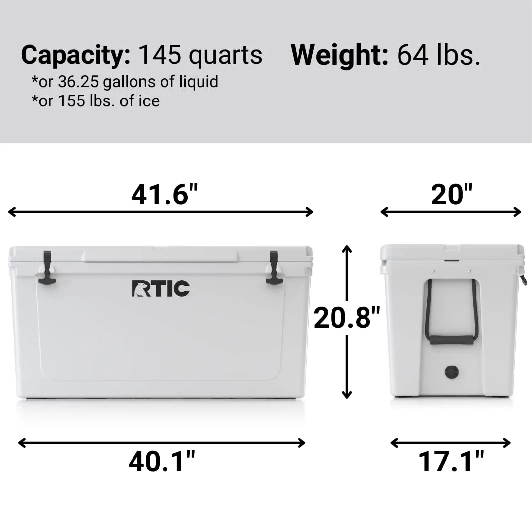 RTIC 145 QT Ultra-Tough Rotomolded Hard-Sided Ice Chest Cooler, White, Fits 195 Cans