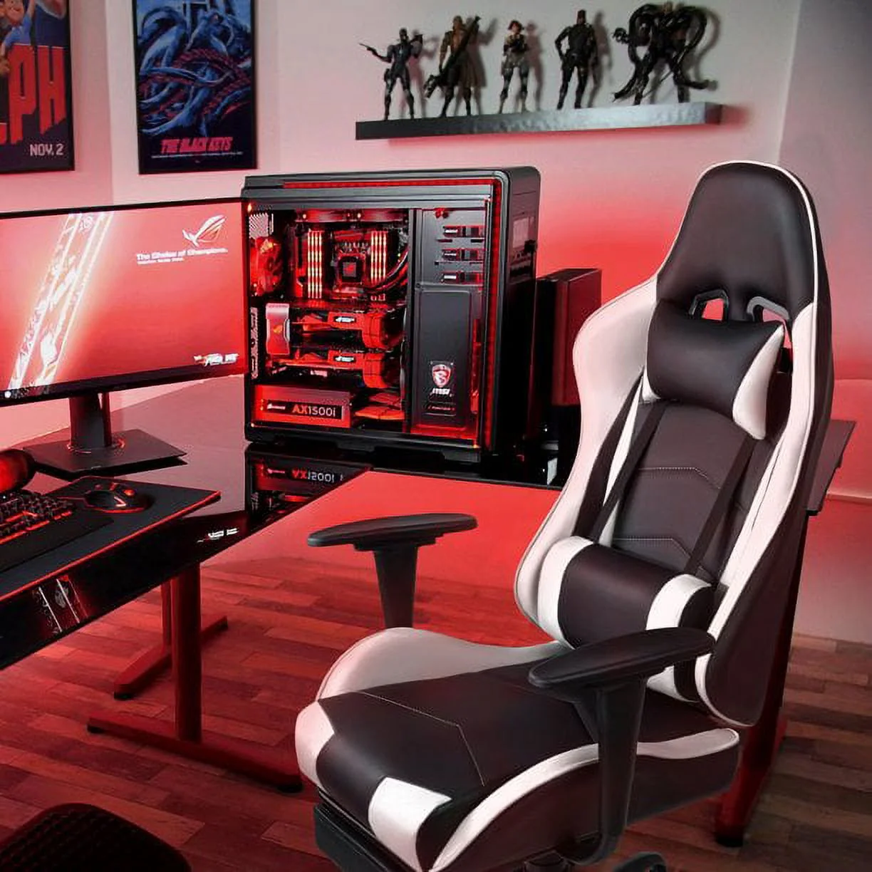 Lacoo High Back Gaming Chair PU Leather Adjustable Height Racing Chair with Lumber Support Ergonomic Gaming Chair with Reversible, White