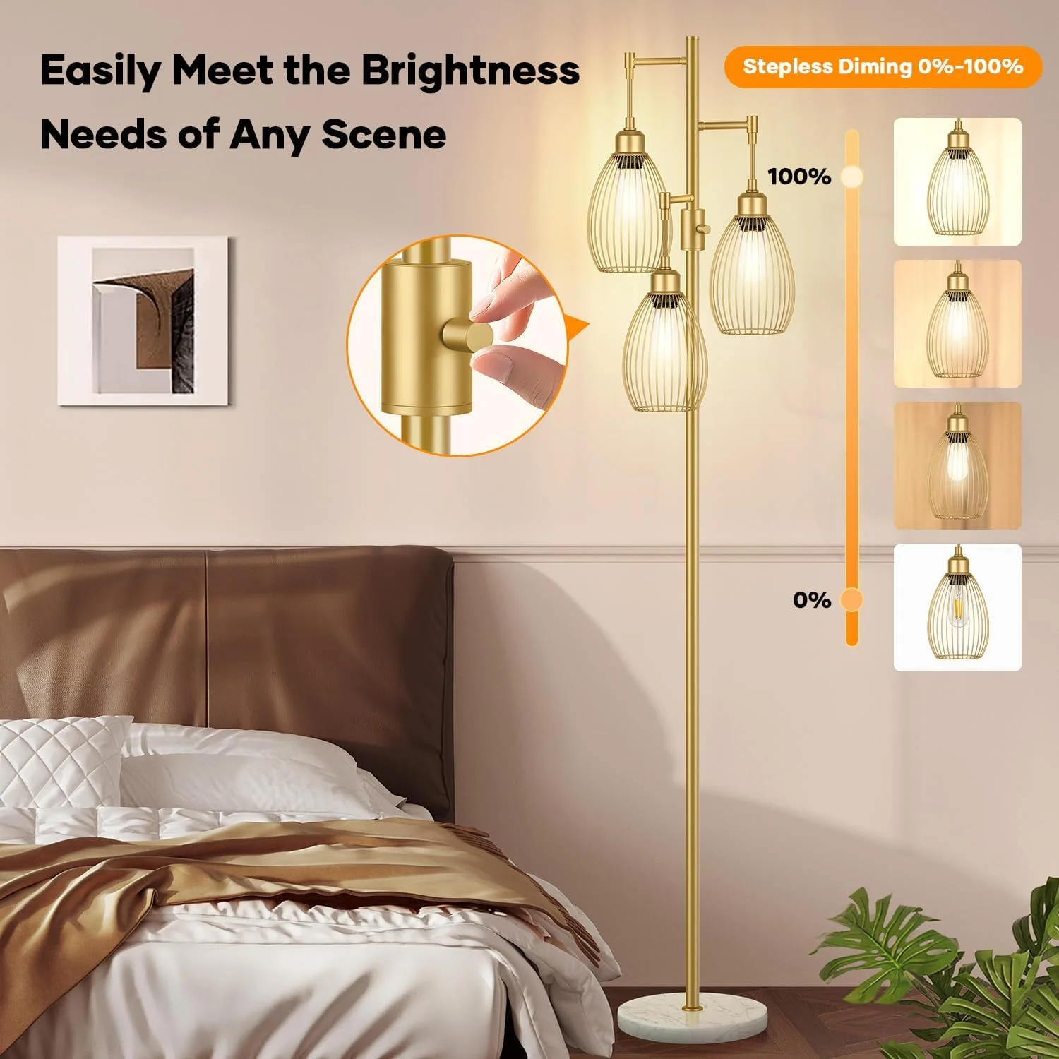 Dimmable Floor Lamp, 3 x 800LM LED Edison Bulbs Included, Farmhouse Industrial Floor Lamp Standing Tree Lamp with Elegant Teardrop Cage Tall Lamps for Living Room Bedroom Office Dining Room