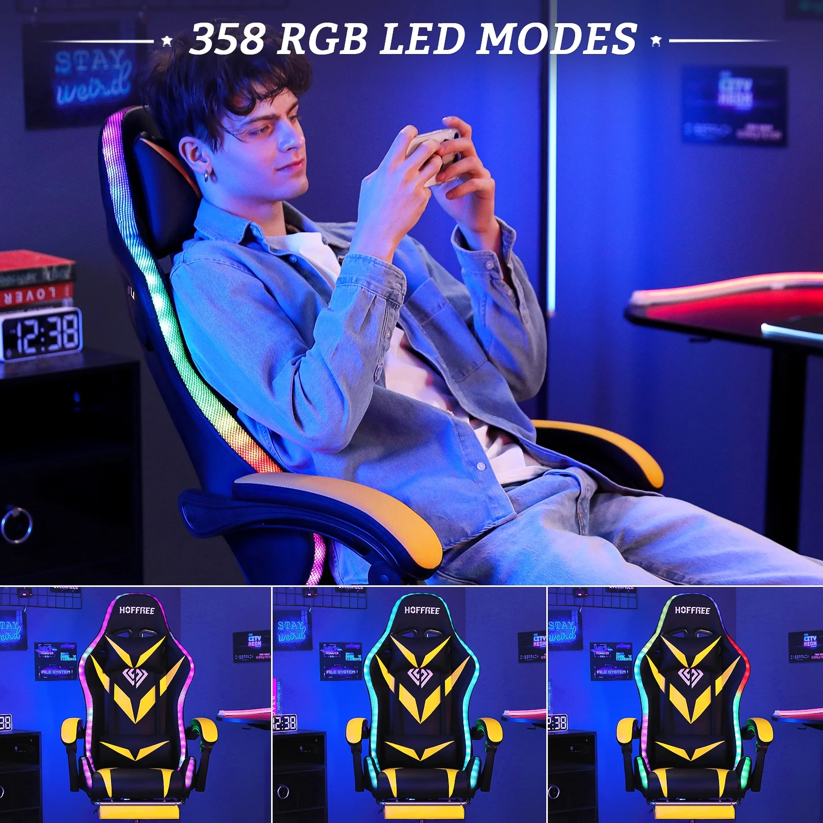 Hoffree Gaming Chair with Speakers PU Leather Office Chair with Footrest and LED Lights Ergonomic Gamer Chair with Massage Lumbar Support and Headrest Adjustable Swivel for Home Office 300lb