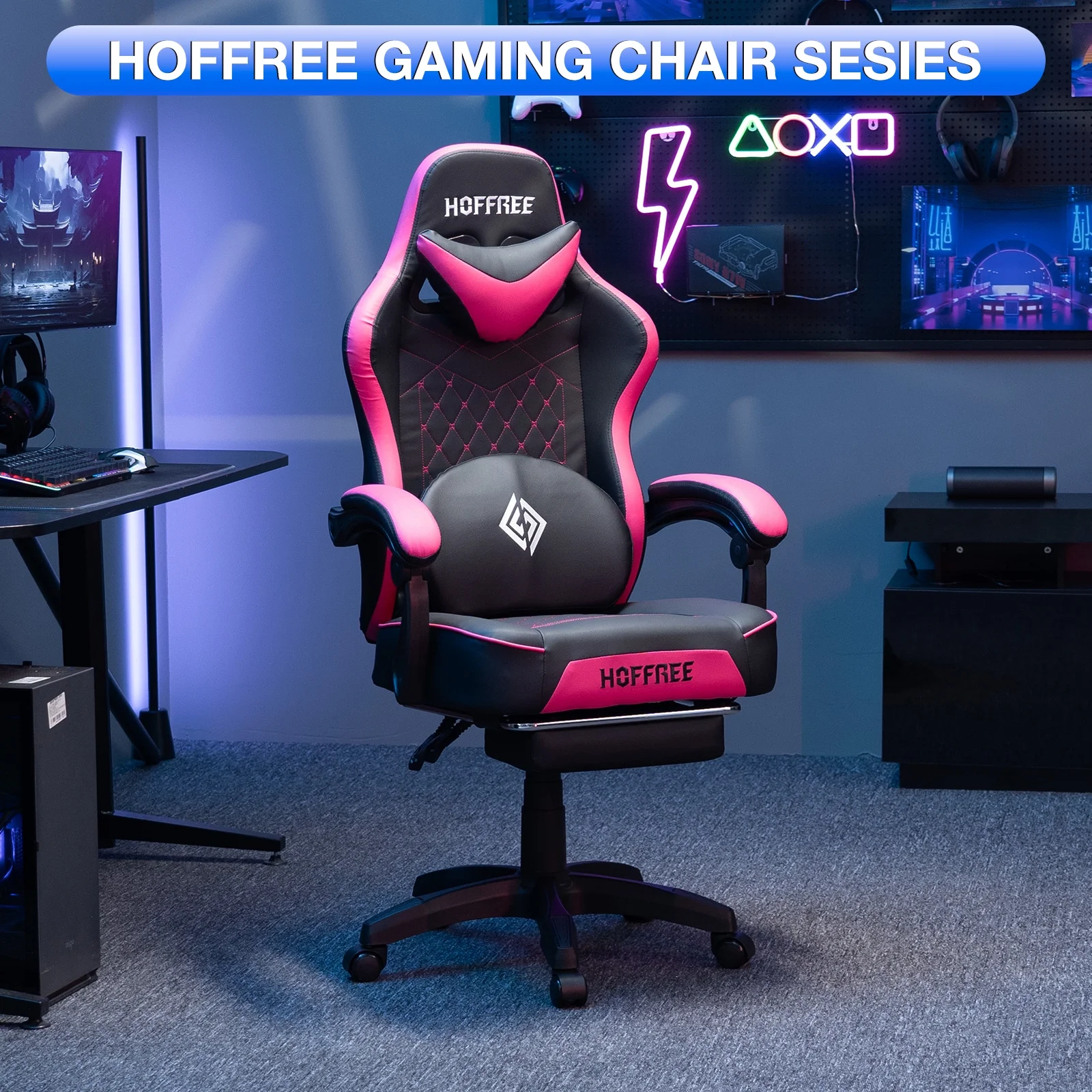 Hoffree Gaming Chair with Speakers PU Gamer Chair with footrest and massage Egonomic Computer Game Chair with Headrest and Lumbar Support for Adults and Office Gaming, 440 LBS