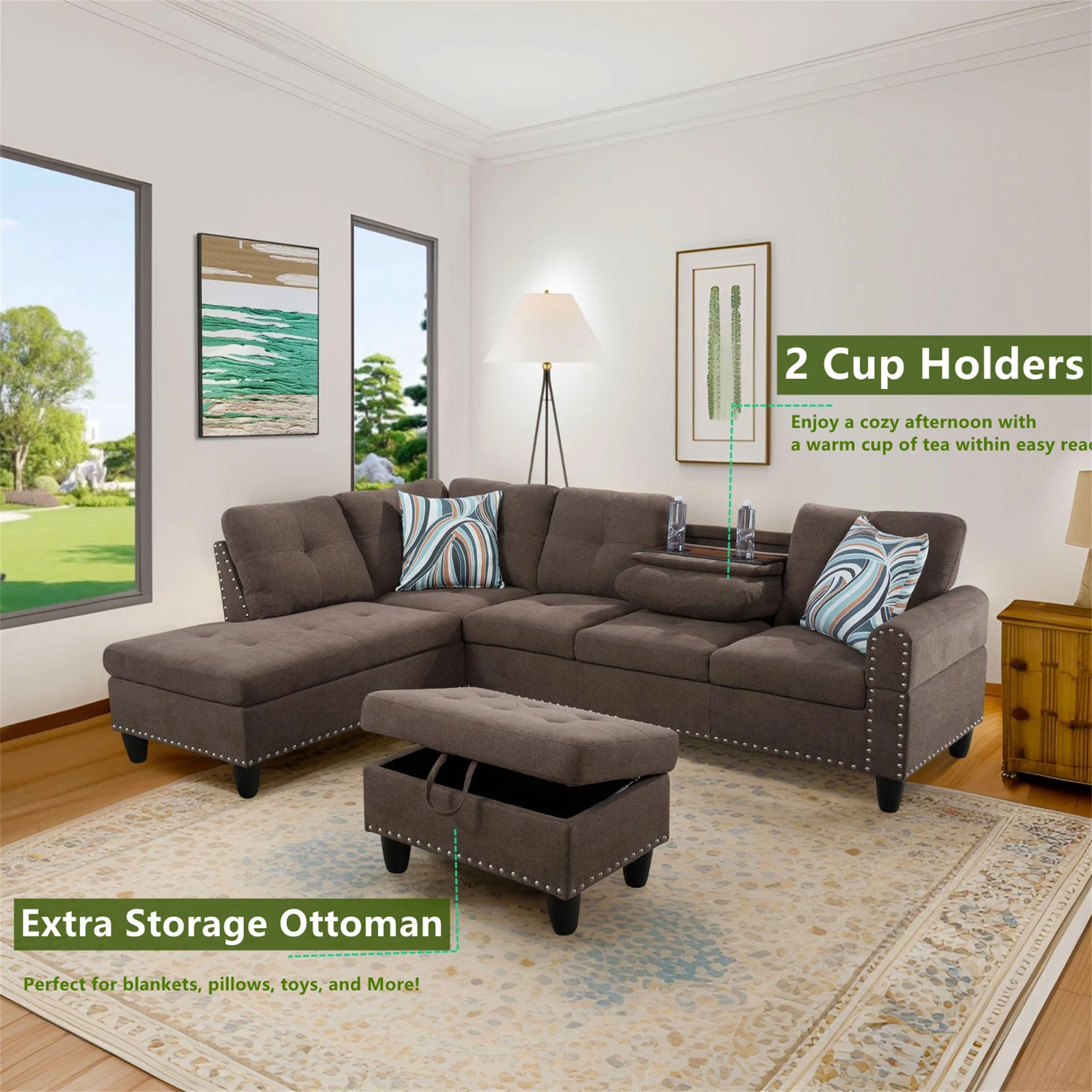 Aukfa 3 Piece Sectional Sofa, Living Room Couch with Storage Ottoman&Cup Holder, Linen, Left Hand, Black Gray