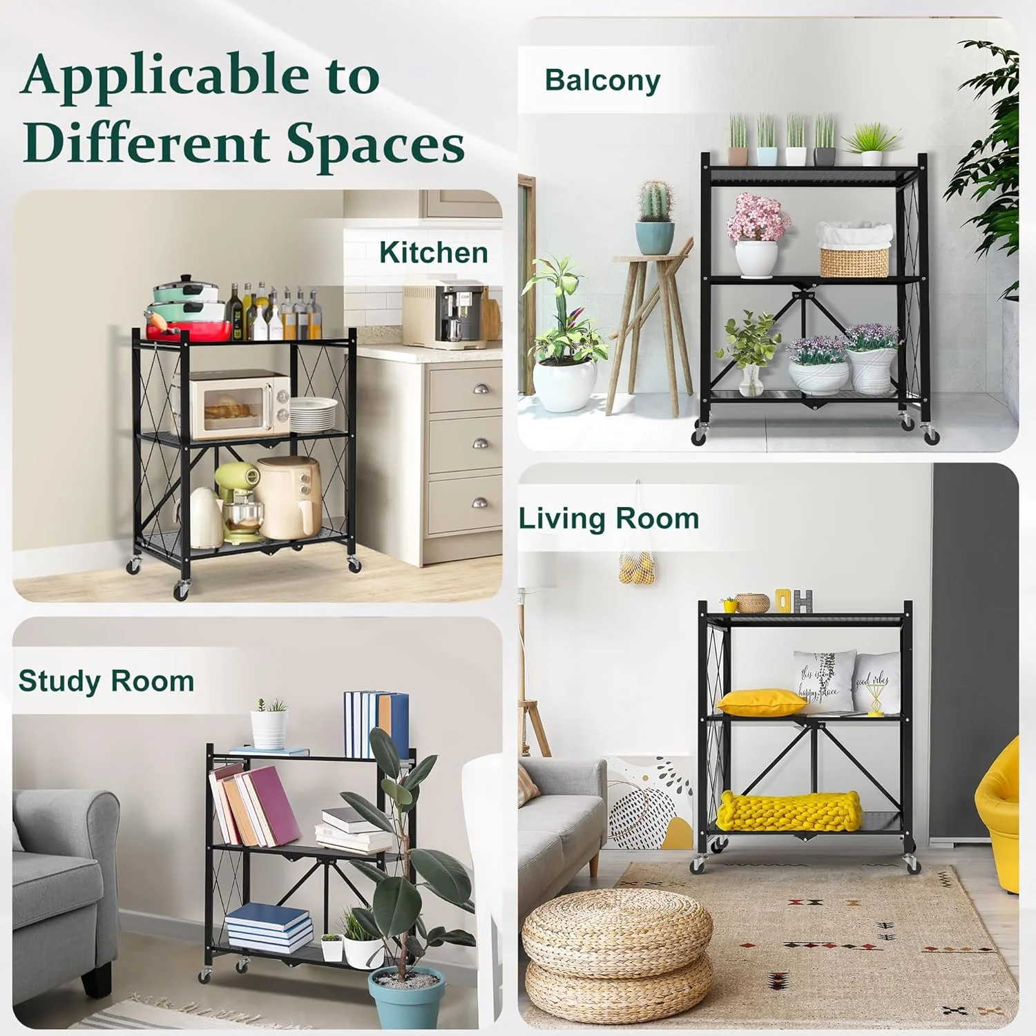 Foldable 4-Tier Storage Shelves with Wheels, No Assembly Bookshelf, Heavy Duty Kitchen Racks and Shelves, Rolling Microwave Cart, White