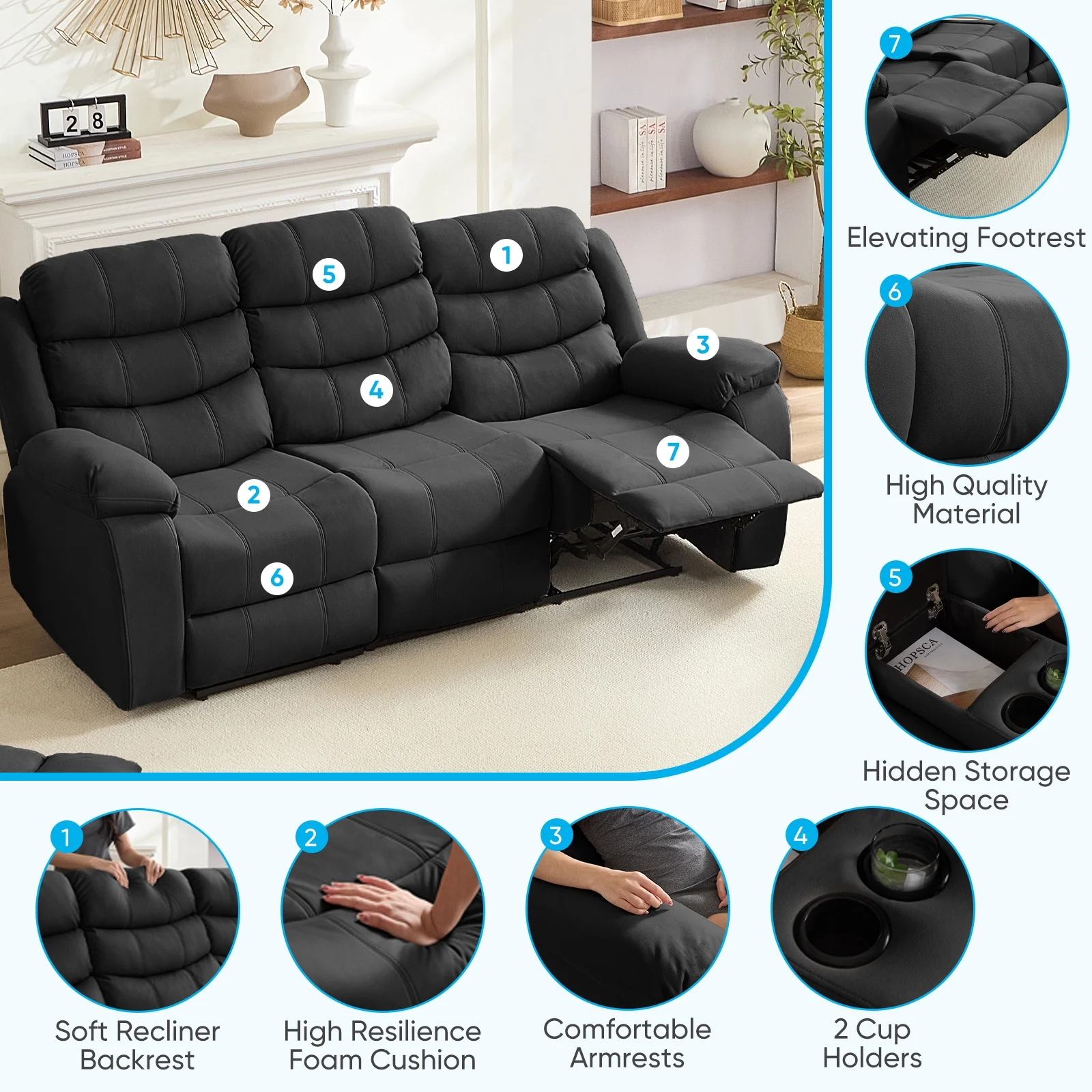 MUZZ Modern Reclining Sofa ,3-Seater Recliner Sofa with Cup Holders, Flip-Up Storage, Reversible Backrest and Footrest, Gray