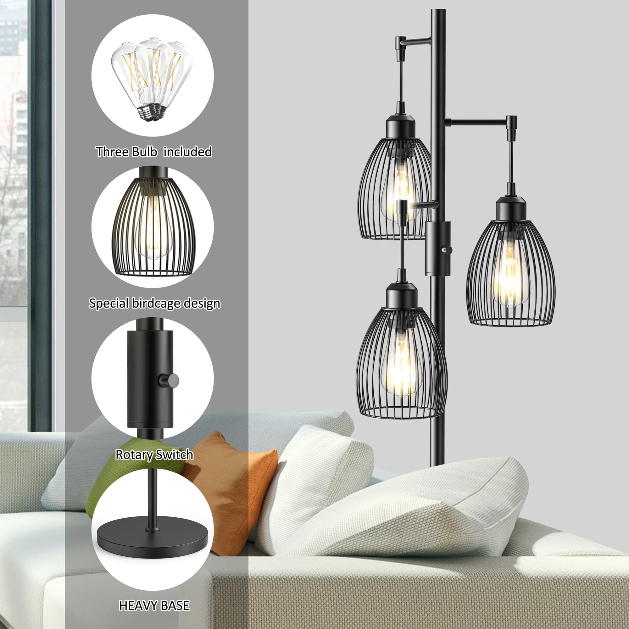 PAZZO 69 inch Three Head LED Metal Industrial Floor Lamp, Bright & Durable, with 3 Stepless Dimmable Bulb Included, Black