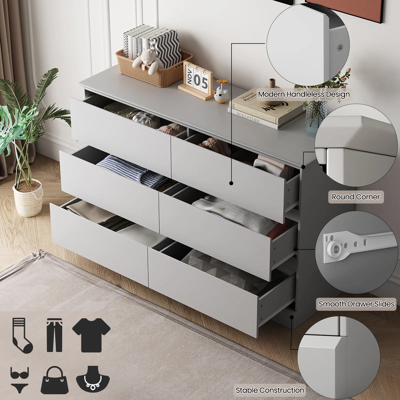 White Dressers Bedroom Dresser 6 Drawer Storage Chest of Drawers Double Dresser Storage Side Cabinet Room Furniture for Bedroom Living Room