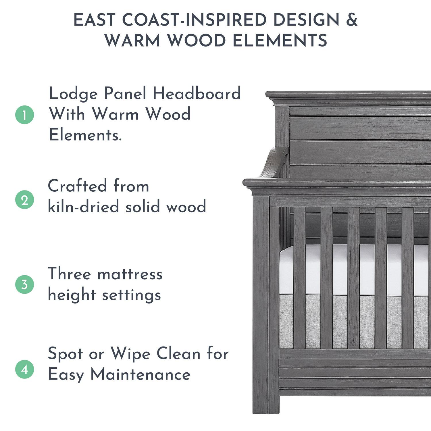 evolur Waverly 5-in-1 Full Panel Convertible Crib. Rustic Grey