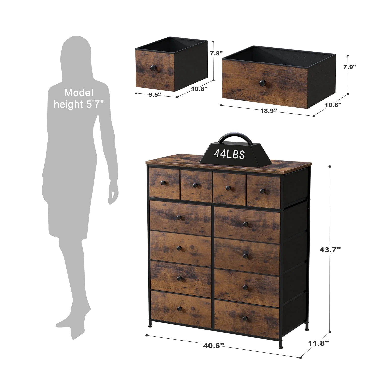 EnHomee Dressers for Bedroom Dresser with 12 Fabric Drawers,Bedroom Furniture Large Dressers&Chests of Drawers with Wood Top Metal Frame, 8+4Drawers Rustic Brown