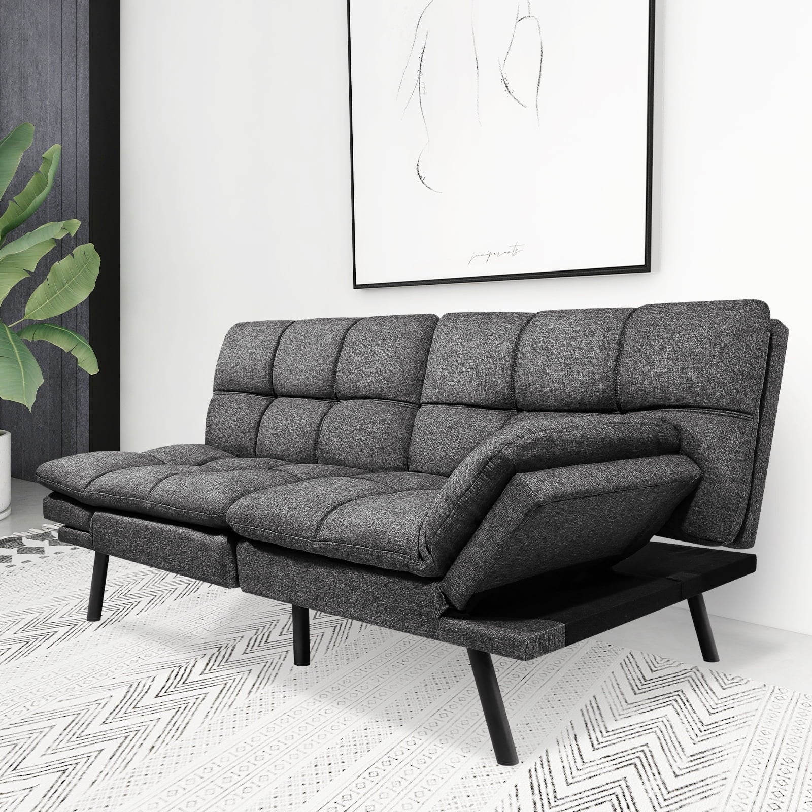 Convertible Memory Foam Futon Sofa Bed with Adjustable Armrests and Backrest,Gray