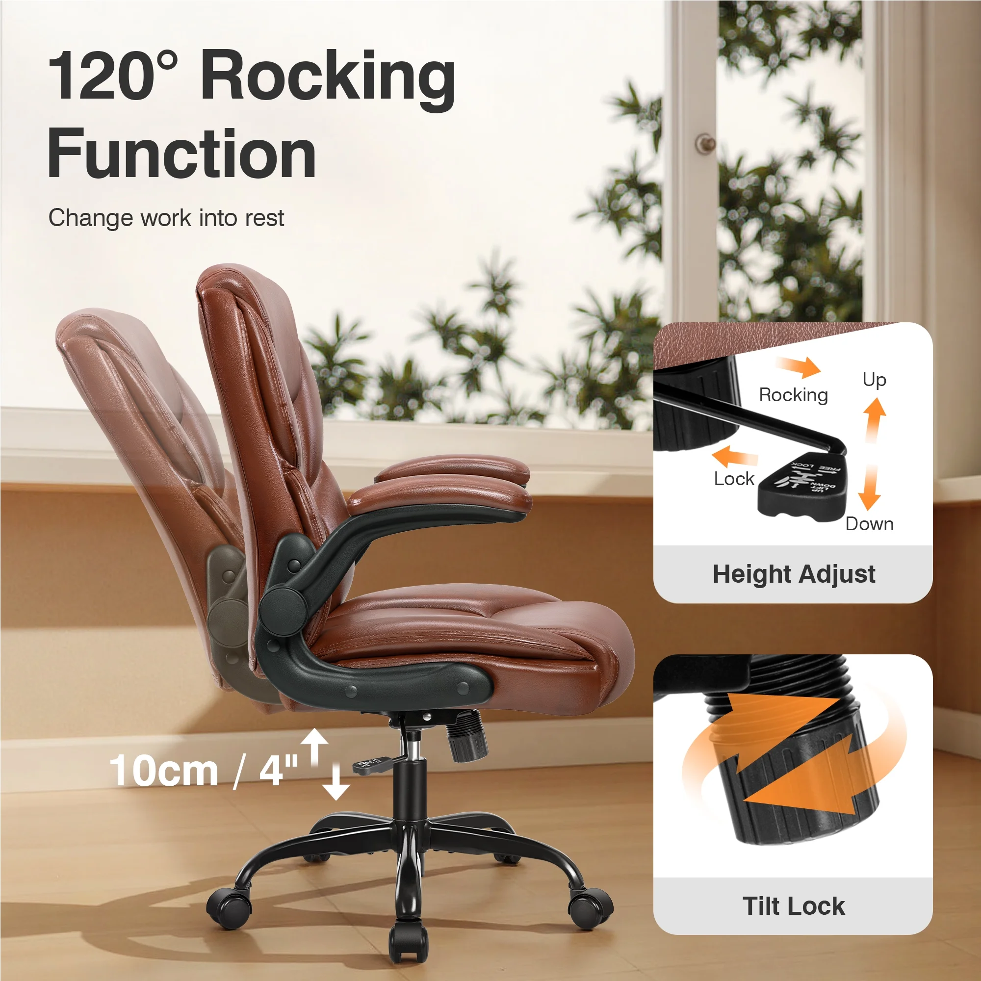 Primy Compact PU Leather Office Chair - Ergonomic Adjustable Height Computer Desk Chair with Flip-Up Armrests, Mid-Back Executive Swivel Chair on Wheels for Small Spaces & Petite Users, Black