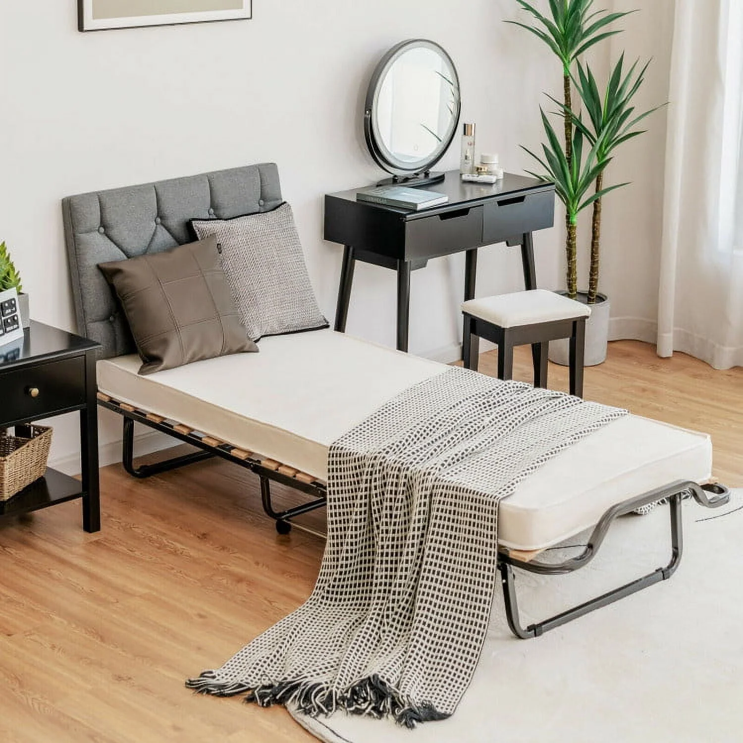 Folding Rollaway Bed, Metal Frame Bed Storage Cover Included, Portable Foldable Guest Bed for Adults, Cot Size Fold up Bed with Memory Foam Mattress on Wheels 76.5