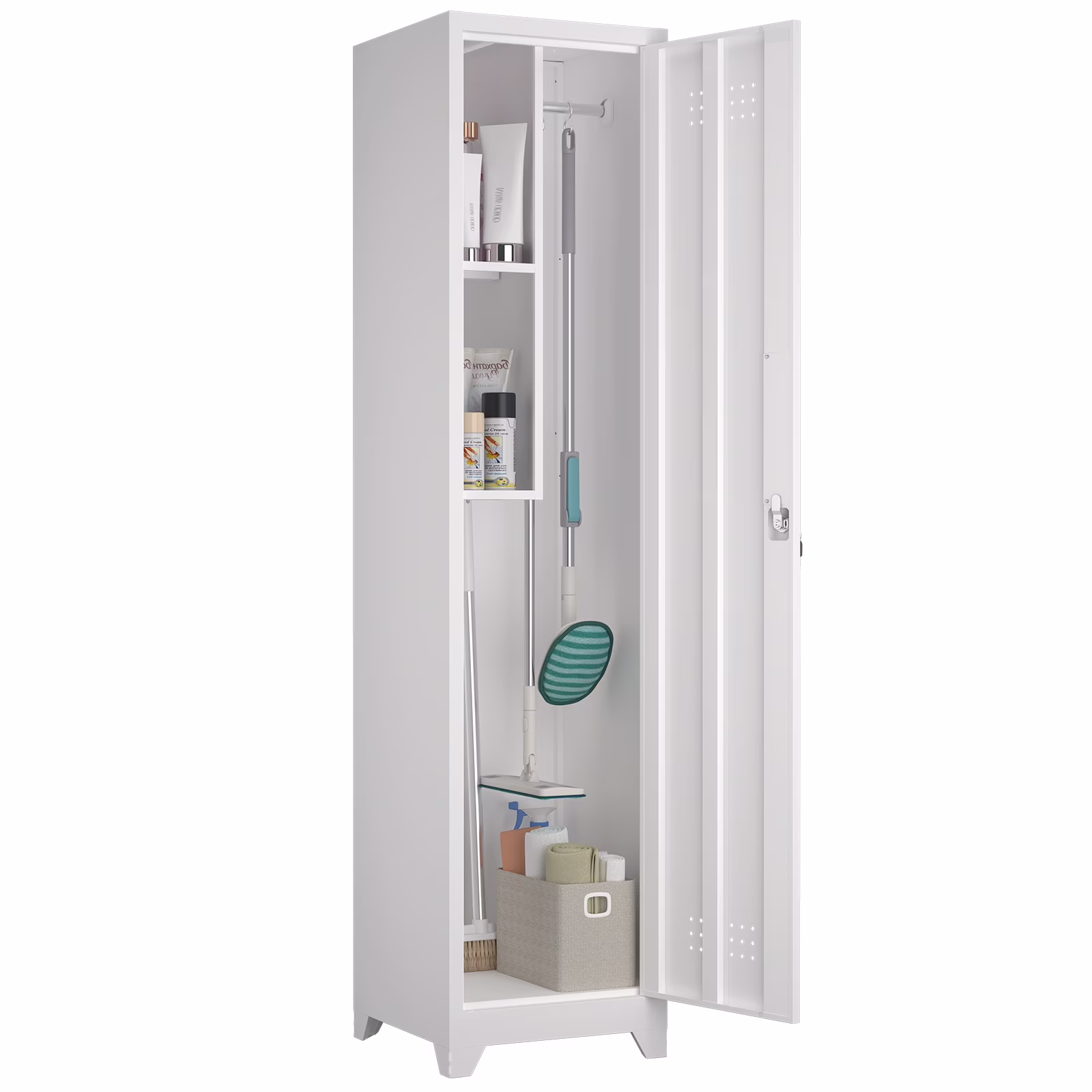 Marcree Slim Broom Storage Cabinet, Metal Cabinet with Shelves and Hanging Rod, 65